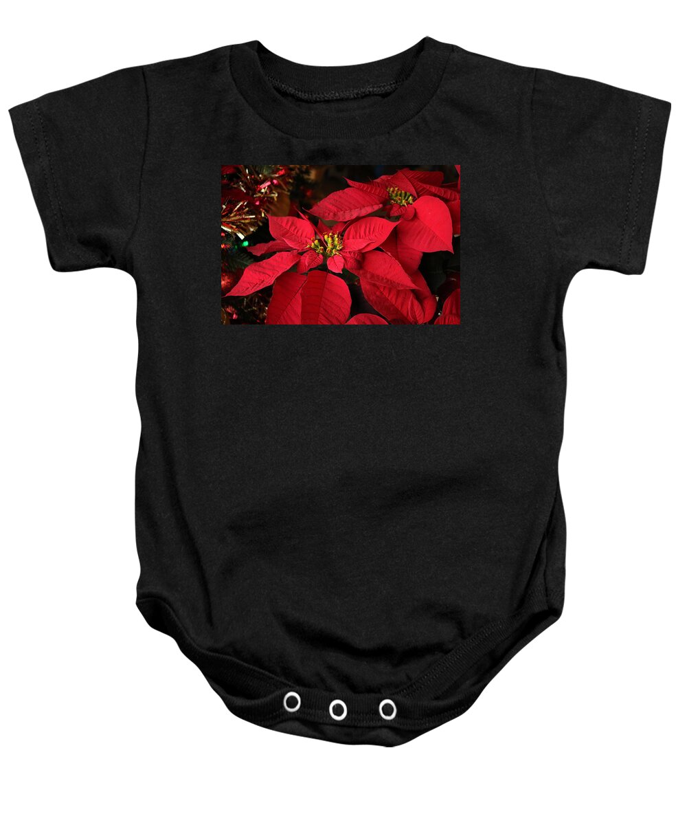 Red Baby Onesie featuring the photograph Red Poinsettia and Tinsel by Sheila Brown