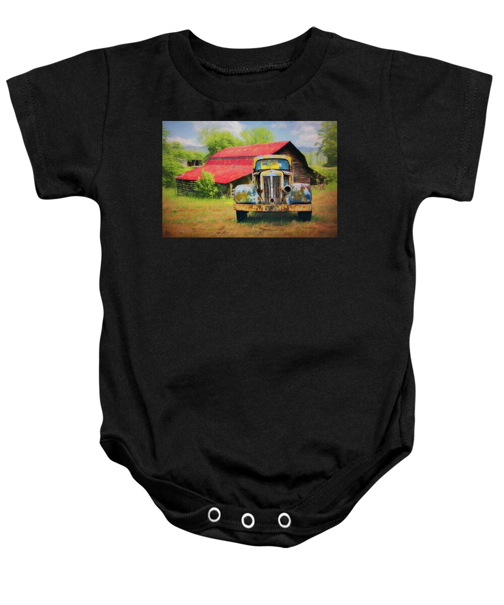 Appalachia Baby Onesie featuring the photograph Red Roof in the Smoky Mountains Watercolors by Debra and Dave Vanderlaan