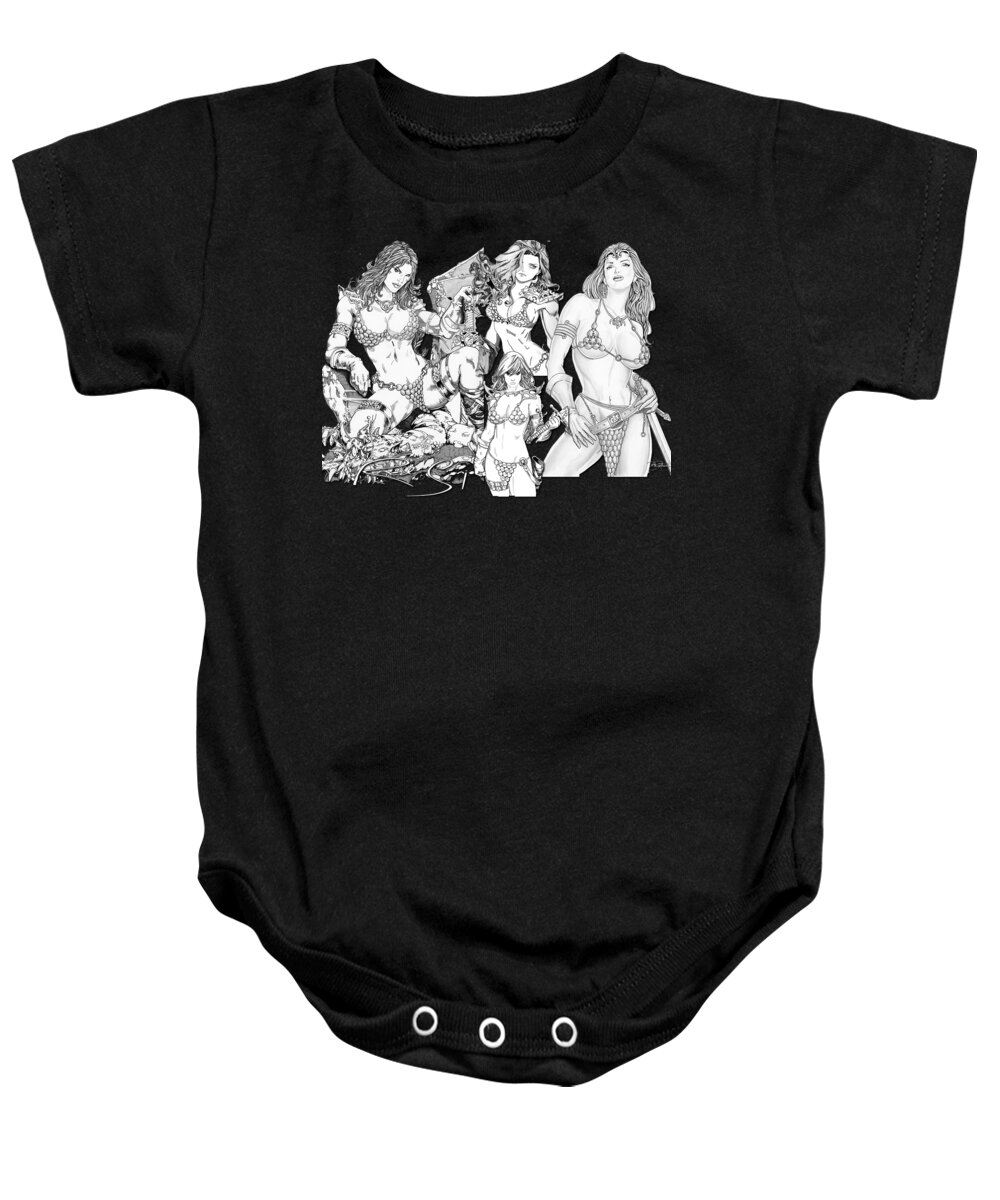 Red Baby Onesie featuring the drawing Red Sonja Collage by Bill Richards