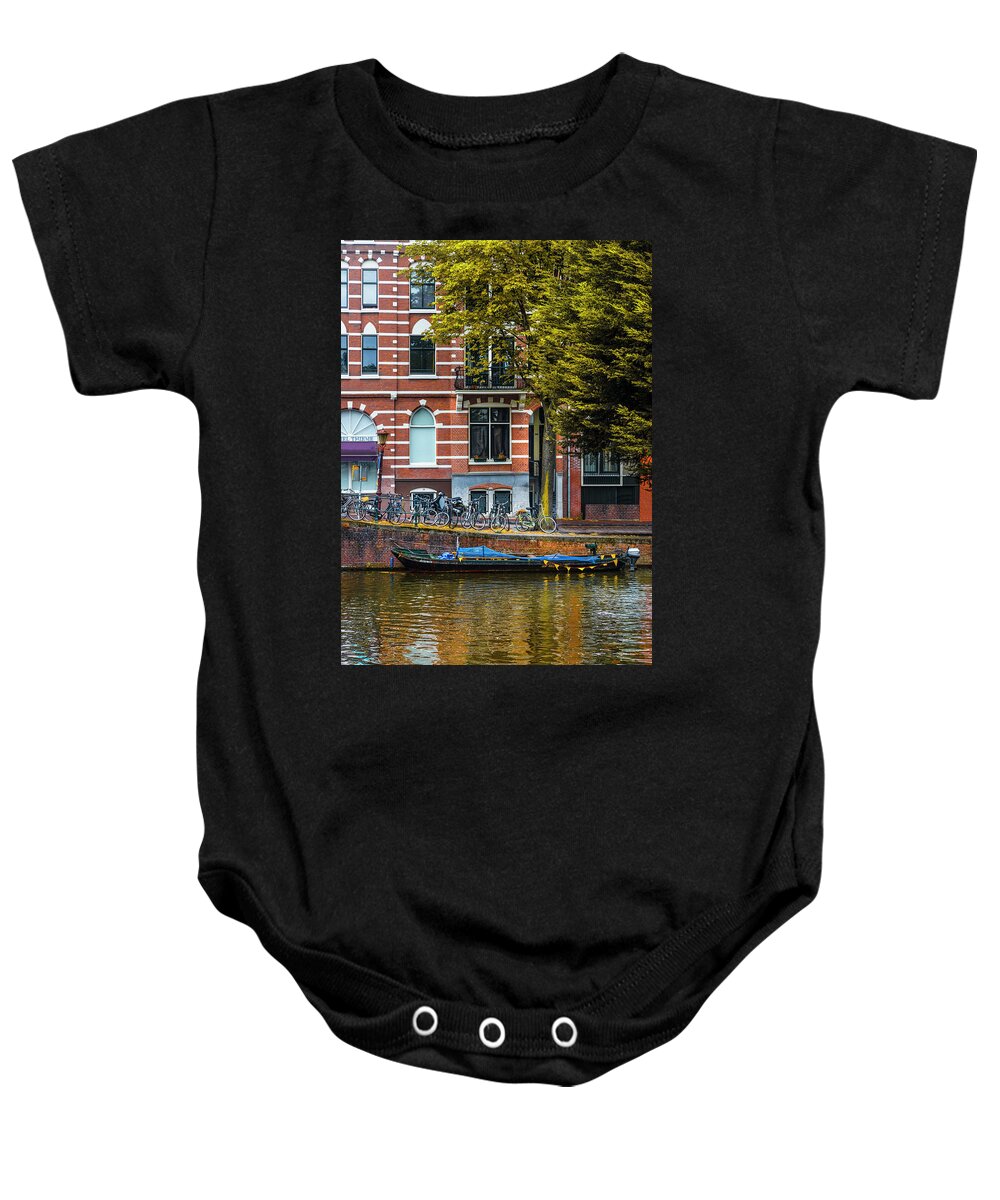 Boats Baby Onesie featuring the photograph Reflections in Amsterdam by Debra and Dave Vanderlaan