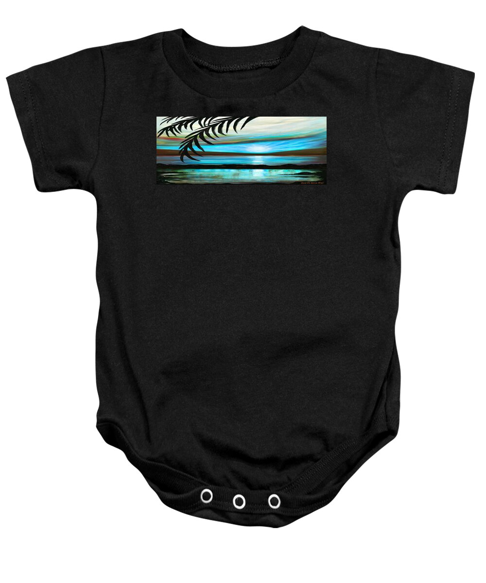 Sunset Baby Onesie featuring the painting Reflections in Teal - Panoramic Sunset by Gina De Gorna