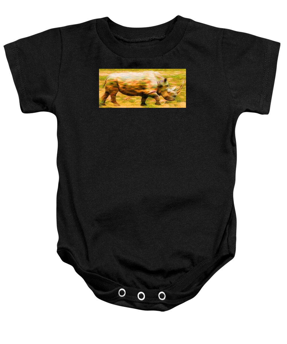 Rhinocerace Baby Onesie featuring the digital art Rhinocerace by Caito Junqueira