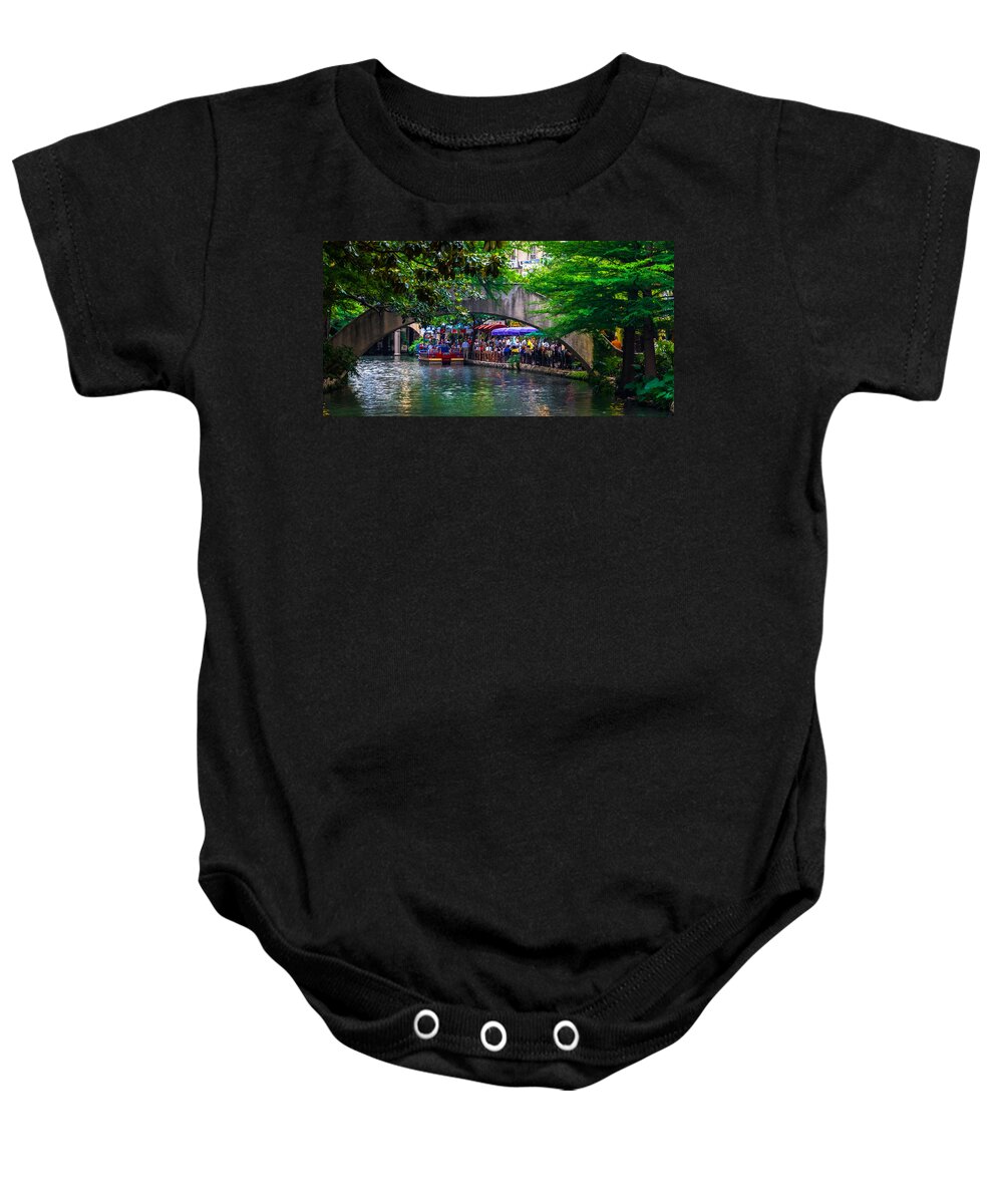 Arched Bridge Baby Onesie featuring the photograph River Walk Dining by Ed Gleichman