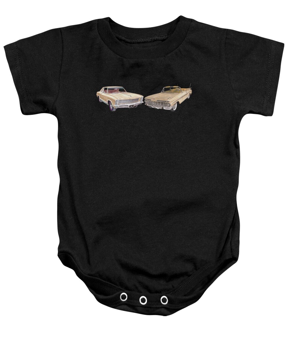 Tee Shirt Art Of 1965 Buick Riviera And A 1959 Chevrolet Impala Baby Onesie featuring the painting Riviera and Impala 1965 and 1959 by Jack Pumphrey