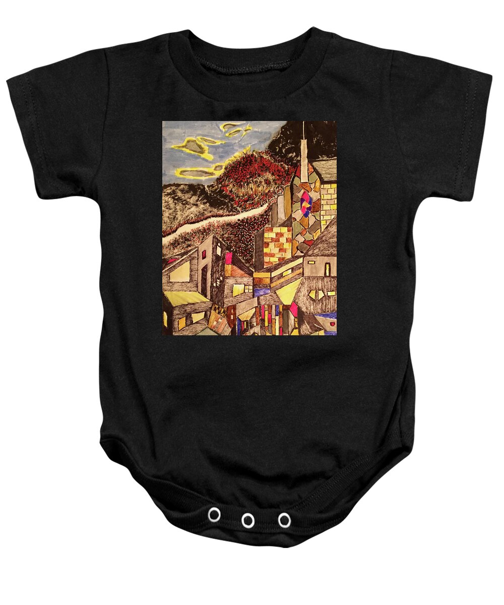 Abstract Impressionist Expressionist City Country Village Cubist Baby Onesie featuring the drawing Road out of town by Dennis Ellman