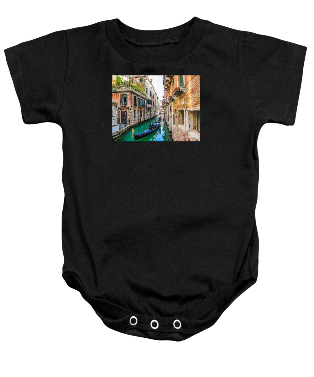 Alley Baby Onesie featuring the photograph Romantic Gondola scene on canal in Venice by JR Photography