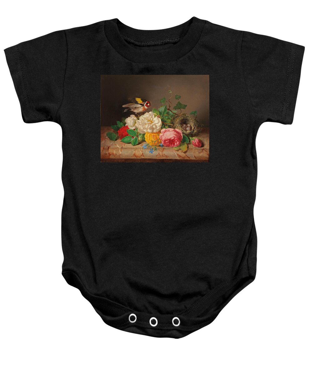 Josef Lauer Baby Onesie featuring the painting Roses with Goldfinch and Bird's Nest by Josef Lauer