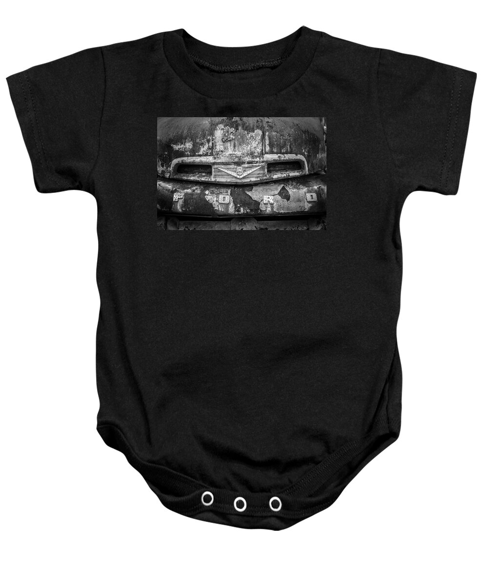1950 Baby Onesie featuring the photograph Rusty Ford Close Up in the Country Black and White by Debra and Dave Vanderlaan