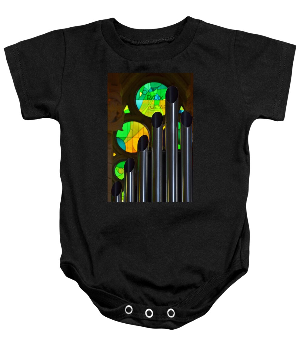 Sagrada Baby Onesie featuring the photograph Sagrada Familia Organ Green Stained Glass Windows by Toby McGuire