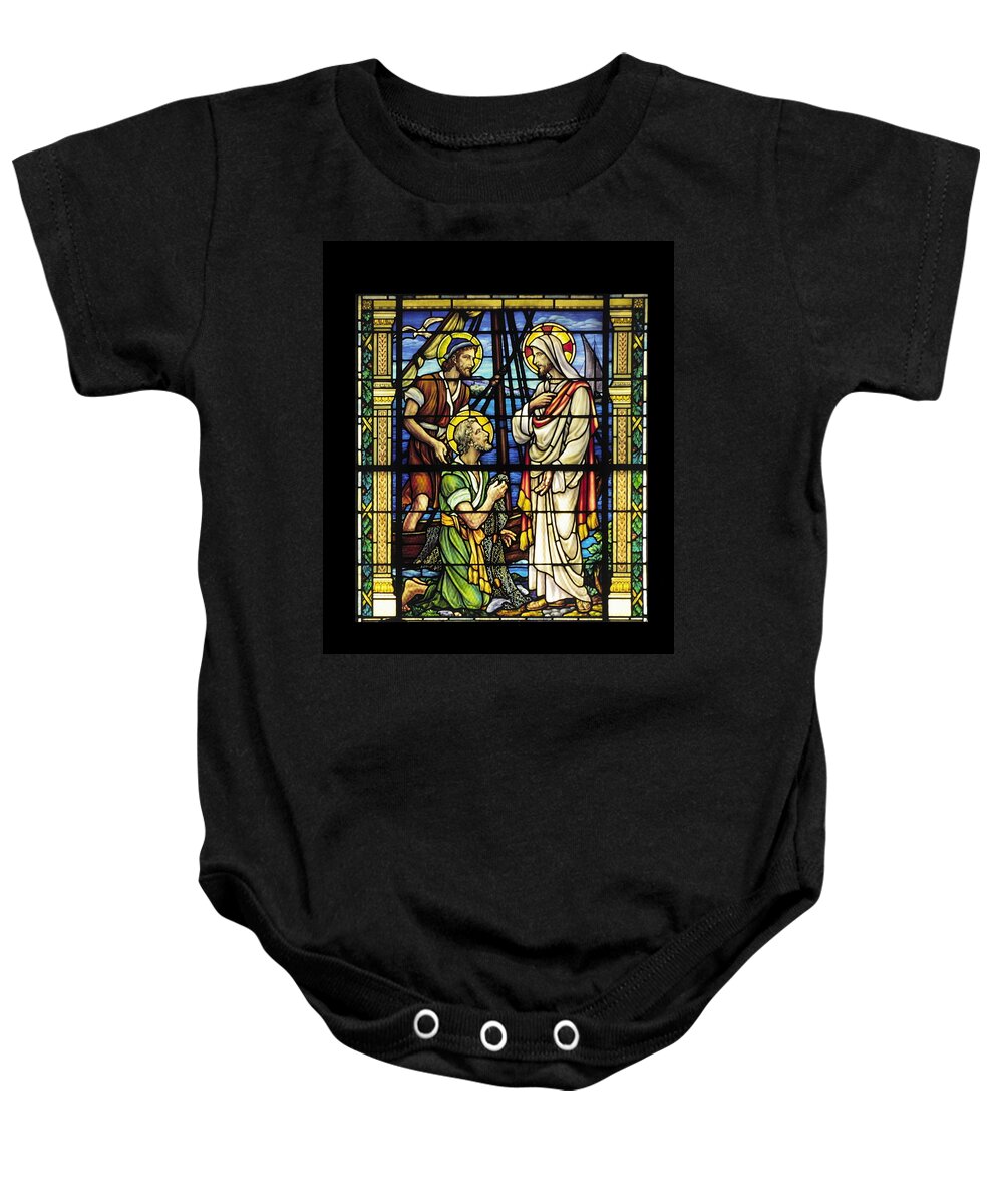 Stained Glass Window Baby Onesie featuring the photograph Saints Peter and Andrew with Christ by Sally Weigand