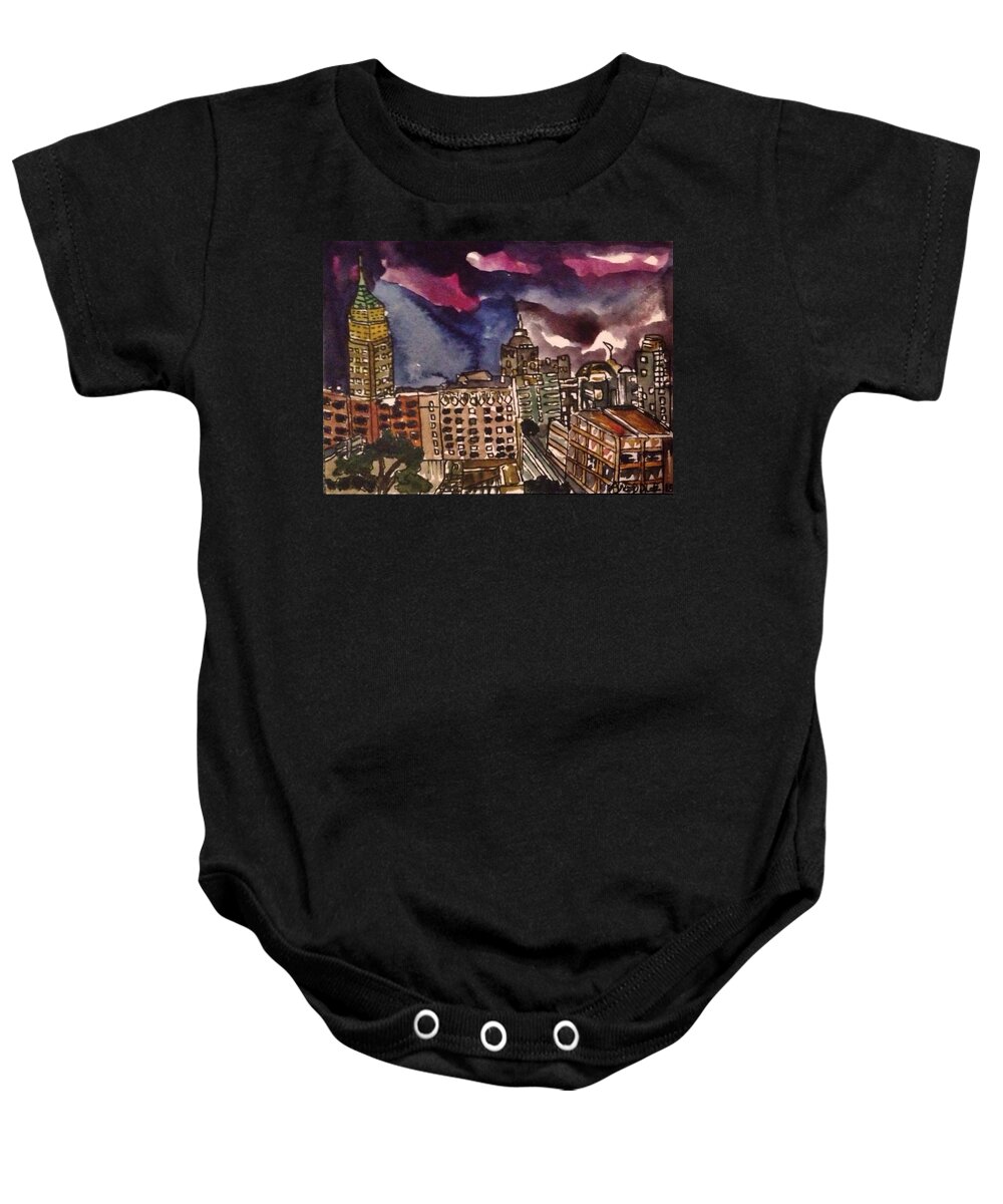 Aceo Baby Onesie featuring the painting San Antonio at Night by Angela Weddle