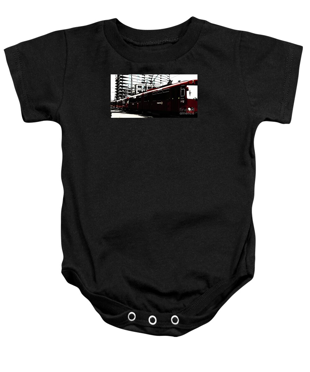 Red Baby Onesie featuring the photograph San Diego Trolley by Linda Shafer