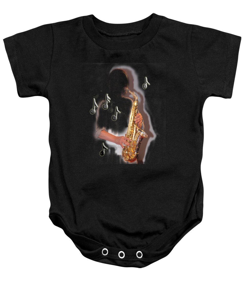 Sax Baby Onesie featuring the photograph Saxophone player abstract by Tom Conway