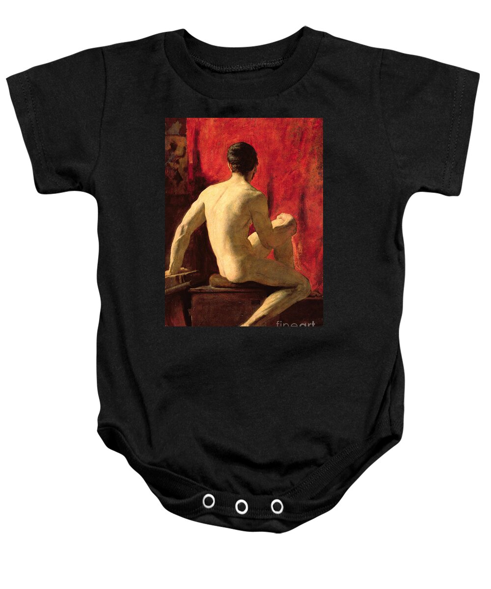 Seated Male Model (oil On Millboard)nude; Posed; Rear View; Posterior; Back; Muscular; Young; Youth; Life Study; Posing; Victorian; Man Baby Onesie featuring the painting Seated Male Model by William Etty by William Etty