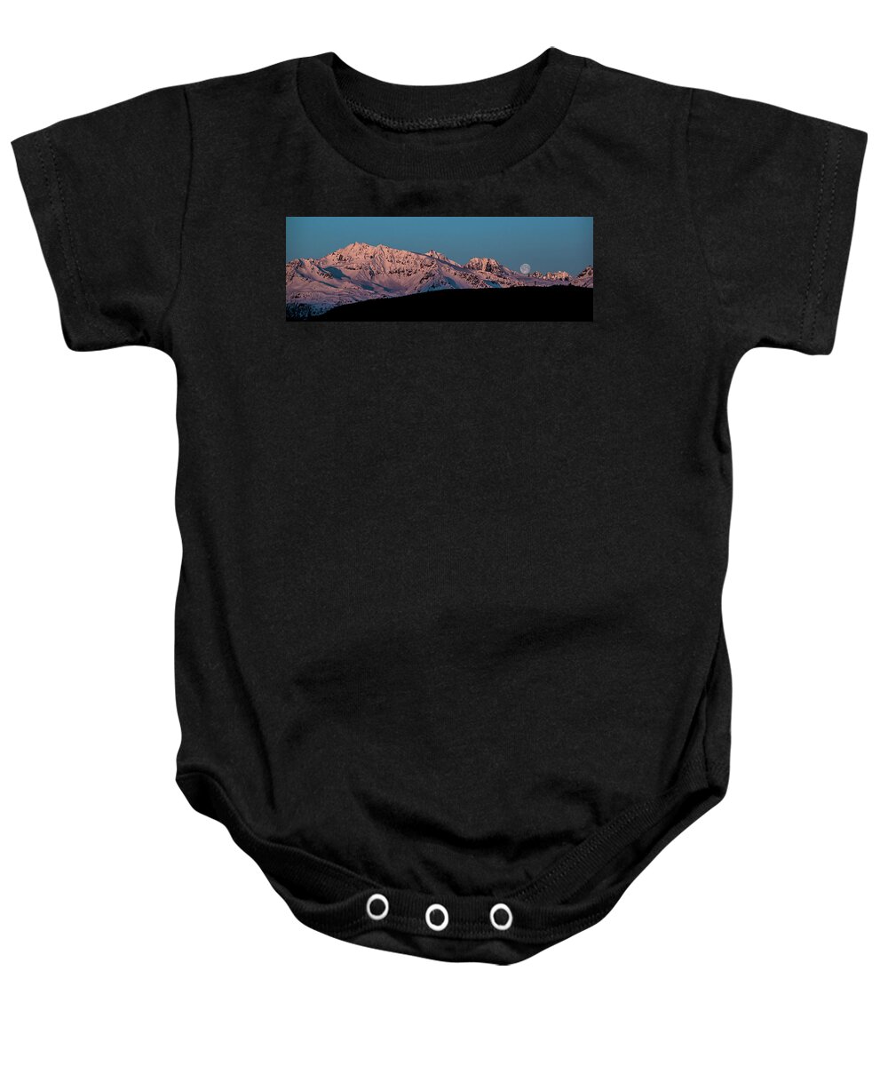 Landscape Baby Onesie featuring the photograph Setting Moon over Alaskan Peaks VI by Matt Swinden