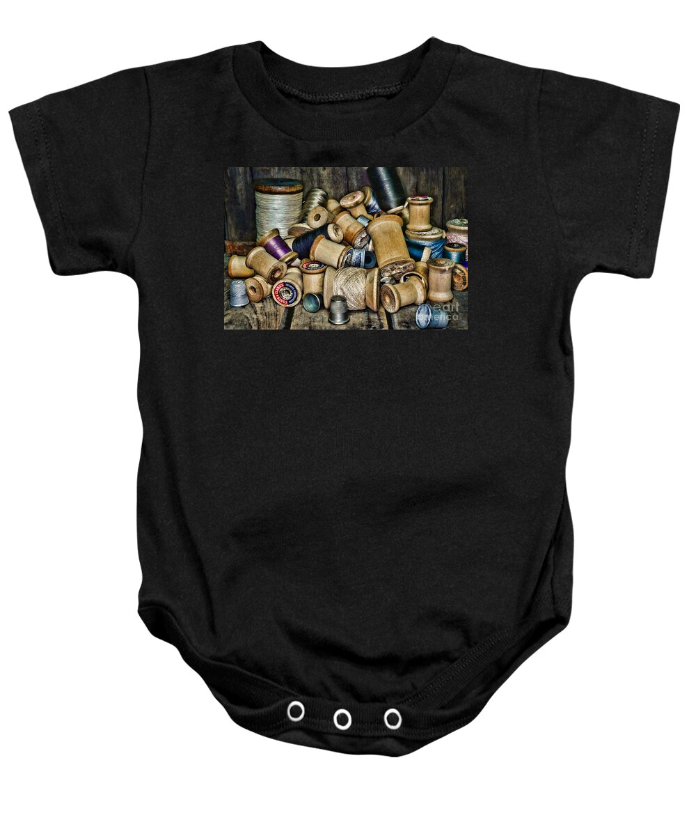 Paul Ward Baby Onesie featuring the photograph Sewing - Vintage Sewing Spools by Paul Ward