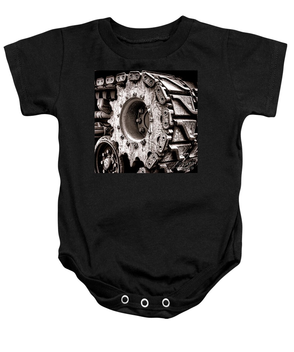 Sherman Baby Onesie featuring the photograph Sherman Tank Drive Sprocket by Olivier Le Queinec