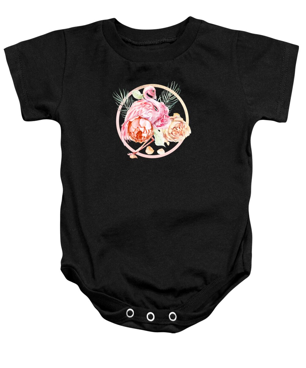 Flamingo Baby Onesie featuring the painting Shimmering Rose Gold Flamingo With Flowers And Palm Fronds by Little Bunny Sunshine