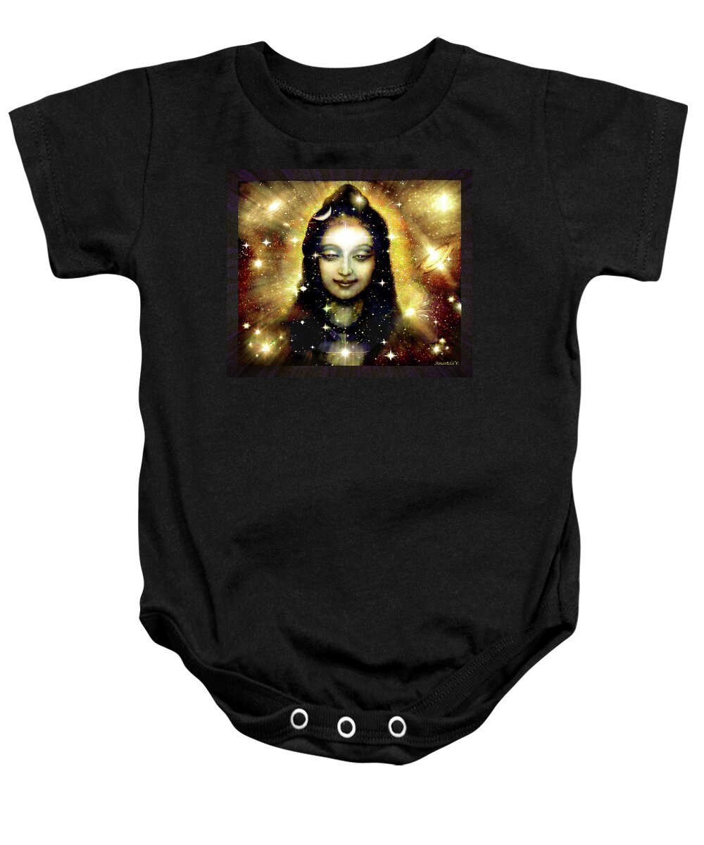 Shiva Baby Onesie featuring the mixed media Shiva in golden Space by Ananda Vdovic