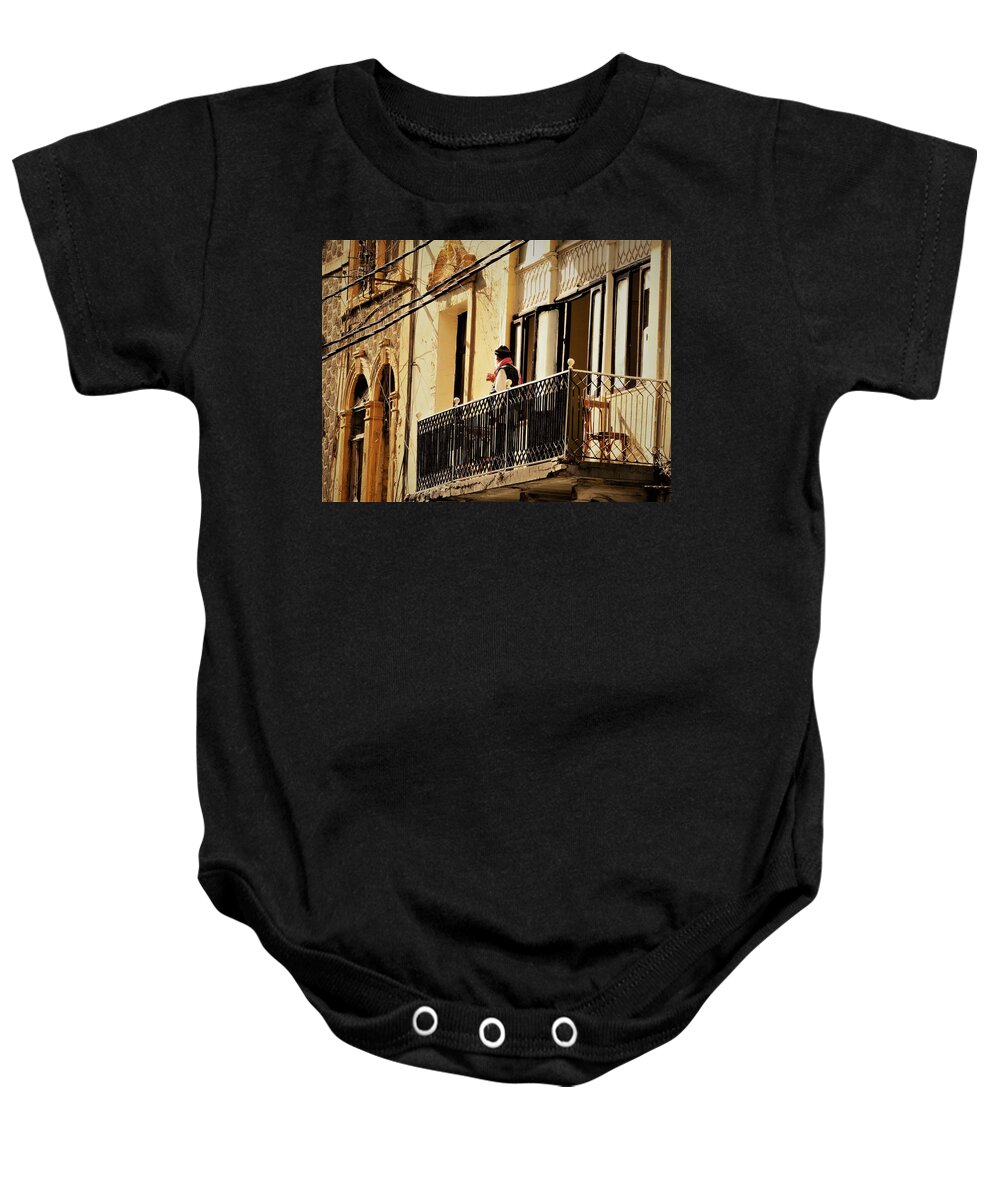 Beirut Baby Onesie featuring the photograph Sipping Tea on the balcony in Beirut by Funkpix Photo Hunter