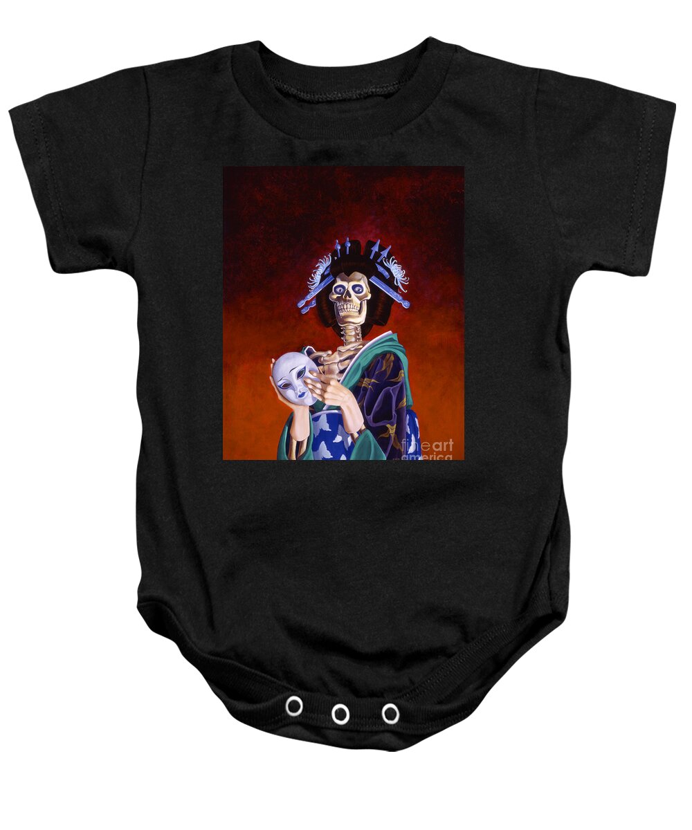 Skeleton Baby Onesie featuring the painting Skeletal Geisha with Mask by Melissa A Benson