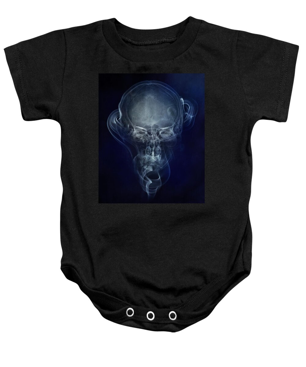 Skull Baby Onesie featuring the photograph Skulls and smokes - blue version by Jaroslaw Blaminsky