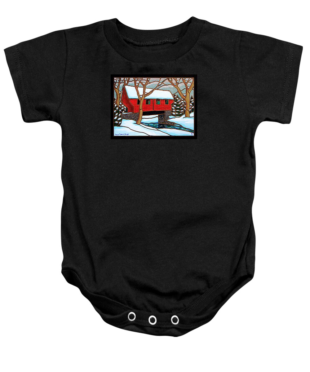 Covered Bridge Baby Onesie featuring the painting Snowy Covered Bridge by Jim Harris