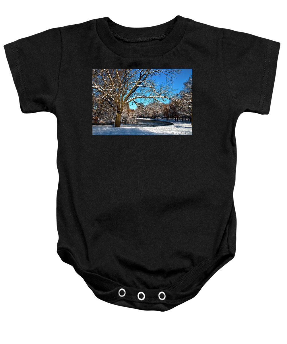 Landscape Baby Onesie featuring the photograph Snowy Pond by Baggieoldboy