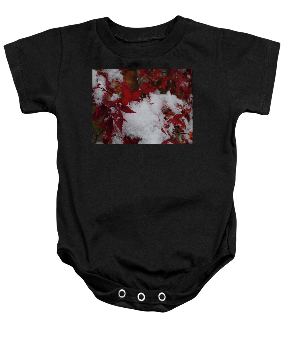 Red Baby Onesie featuring the photograph Snowy Red Maple by Shirley Heyn