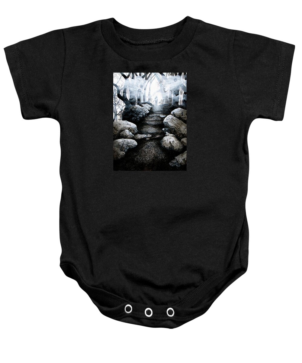 Monochrome Landscape Baby Onesie featuring the painting Soul Journey by Mary Palmer