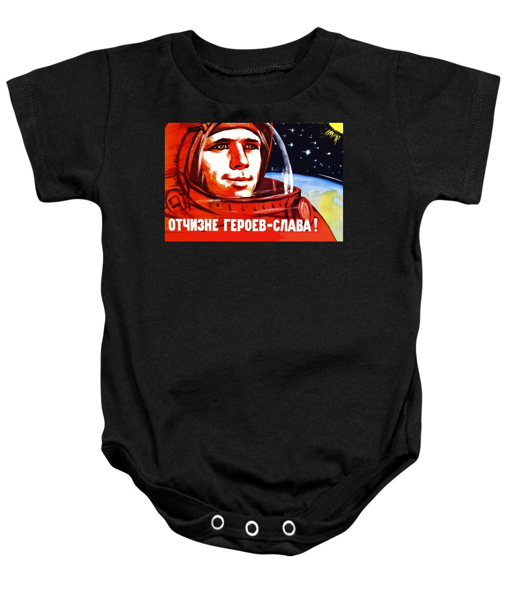 Soviet Astronaut Baby Onesie featuring the painting Soviet space astronaut is looking at the stars by Long Shot