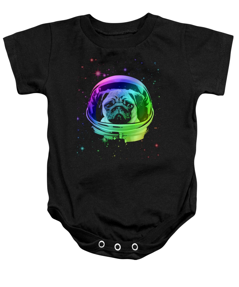 Pug Baby Onesie featuring the mixed media Space Pug by Megan Miller