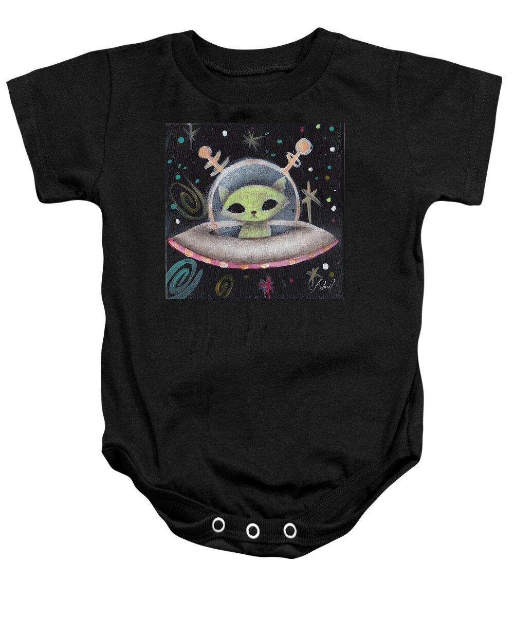 Mid Century Modern Baby Onesie featuring the painting Space Ship Green Cat by Abril Andrade