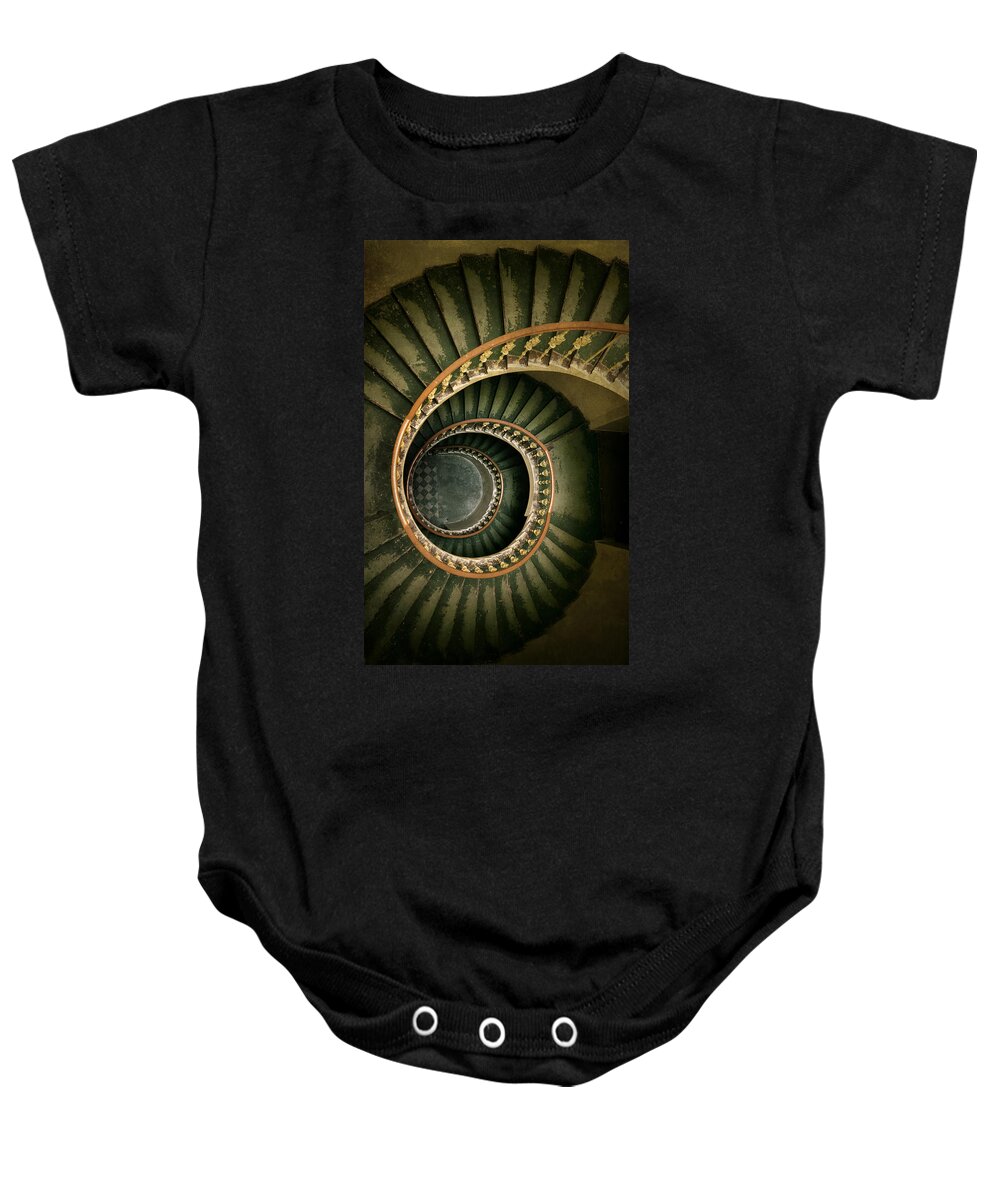 Architecture Baby Onesie featuring the photograph Spiral staircase in green and yellow by Jaroslaw Blaminsky