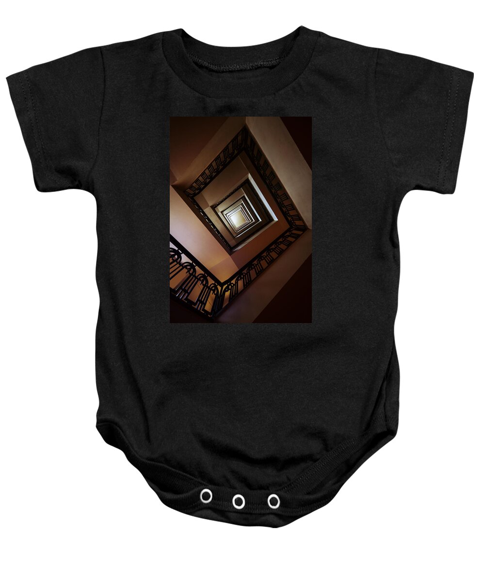 Staircase Baby Onesie featuring the photograph Square staircase in brown tones by Jaroslaw Blaminsky
