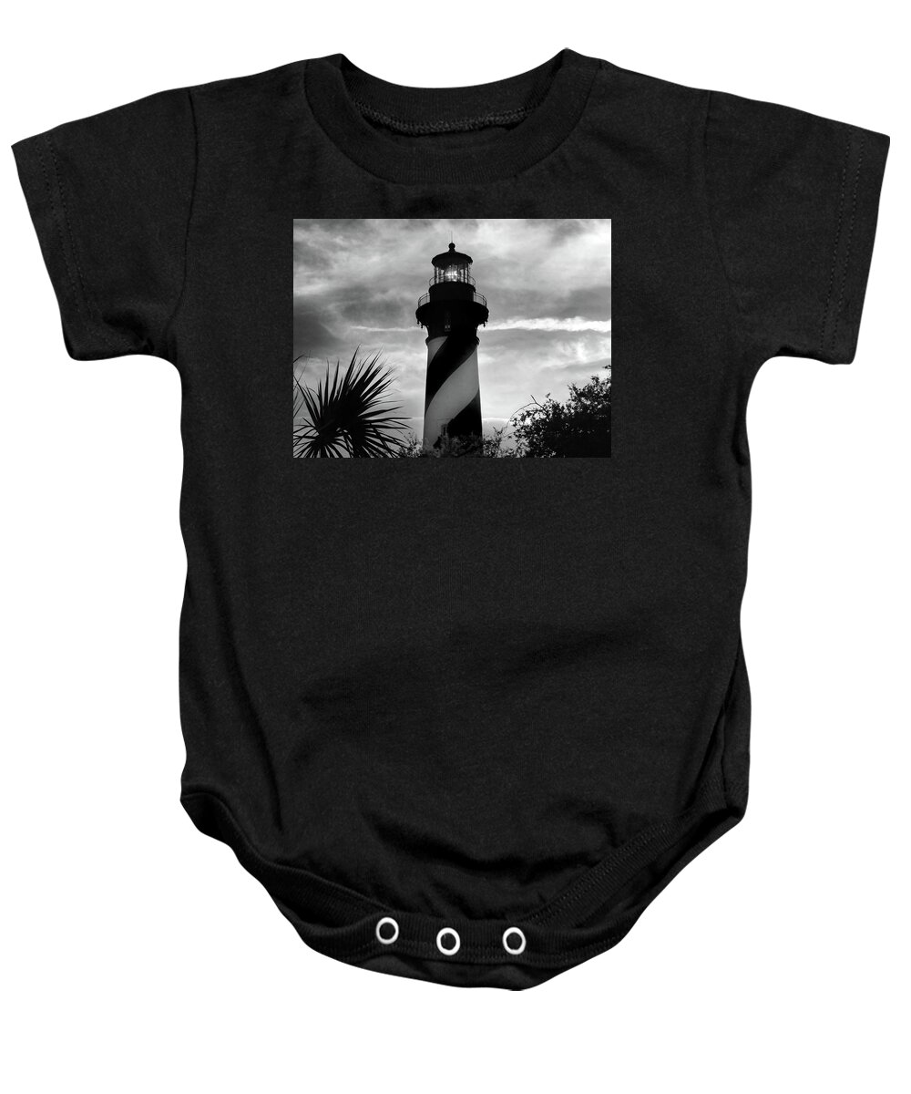 St. Augustine Light Station Baby Onesie featuring the photograph St. Augustine Light B W by David T Wilkinson