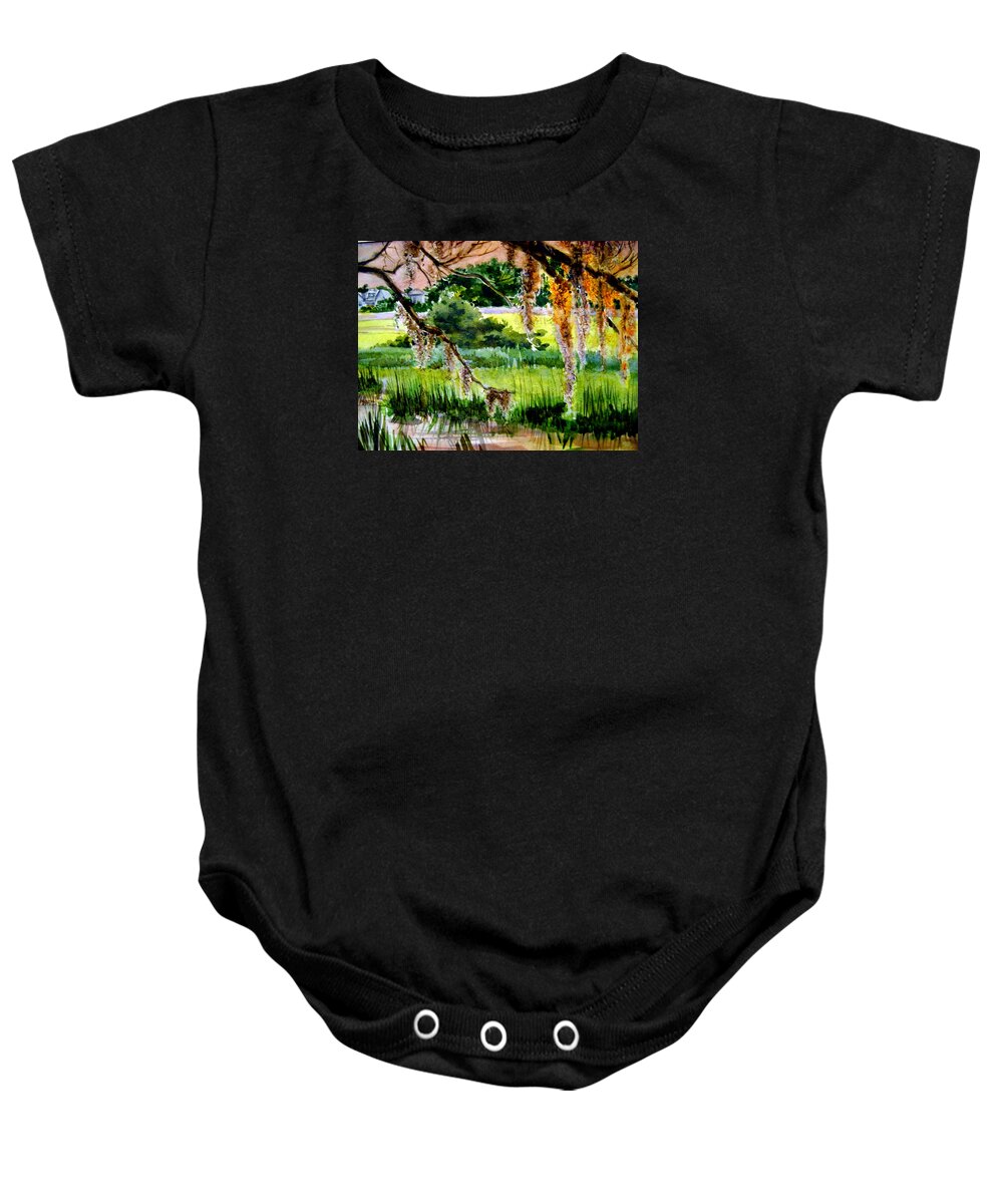 St Simon's Baby Onesie featuring the painting St Simons Marsh Sunset thru Moss by Martha Tisdale
