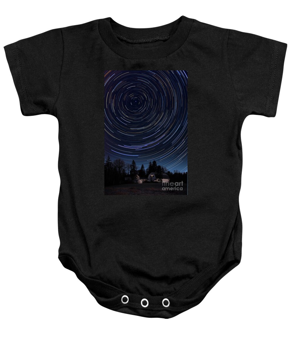 Astronomy Baby Onesie featuring the photograph Star Trails Over Barn by Larry Landolfi