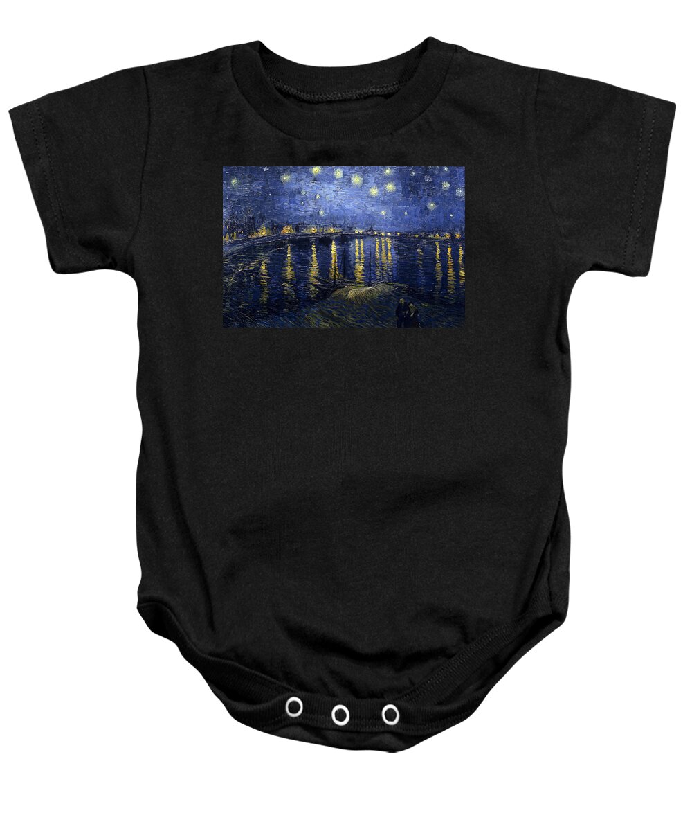  Starry Baby Onesie featuring the painting Starry Night Over The Rhone by Pam Neilands