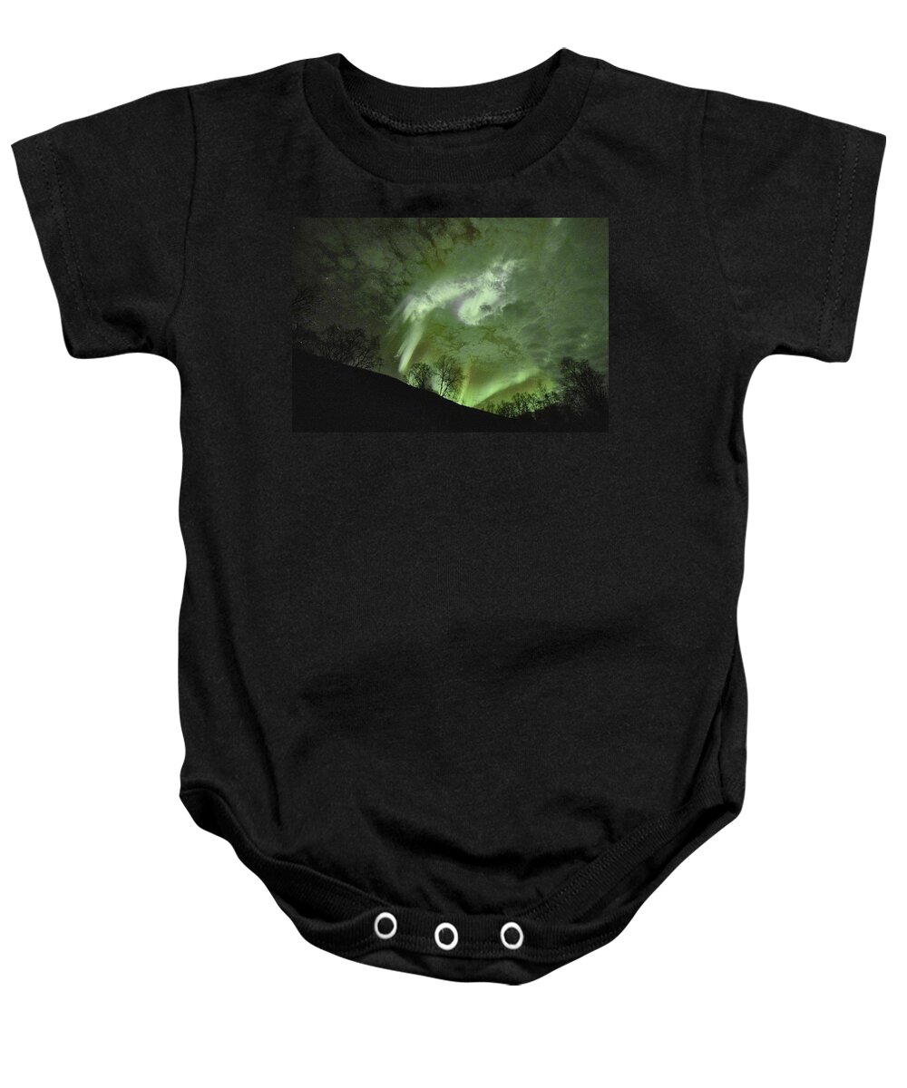 Sky Baby Onesie featuring the photograph Stars, Clouds and Northern Lights by Pekka Sammallahti