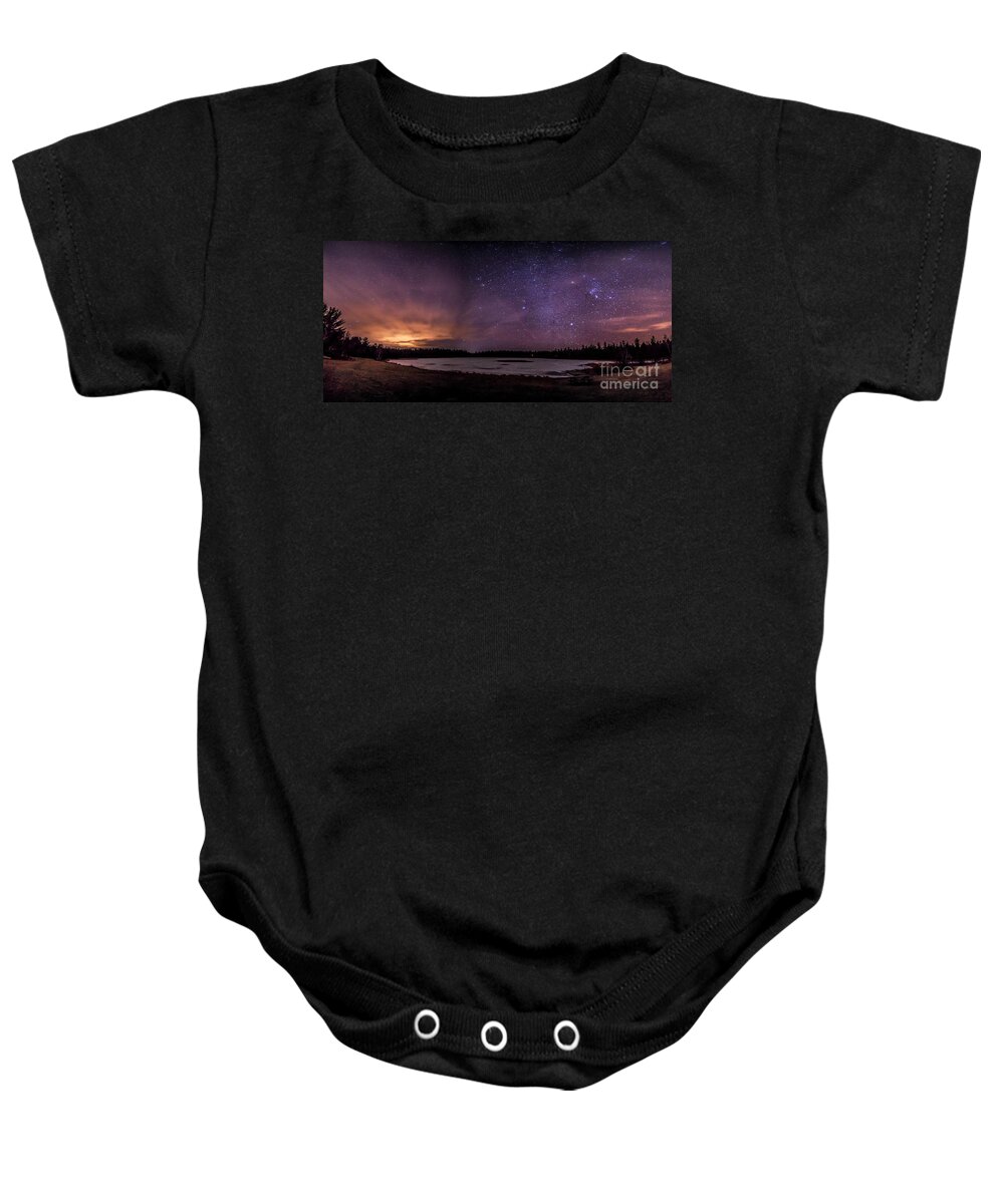 Night Baby Onesie featuring the photograph Stars over Lake Eaton by Rod Best