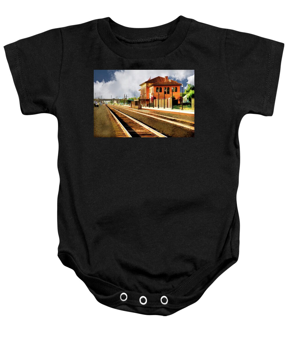 Railroad Station Baby Onesie featuring the digital art Station in Waiting by Terry Davis