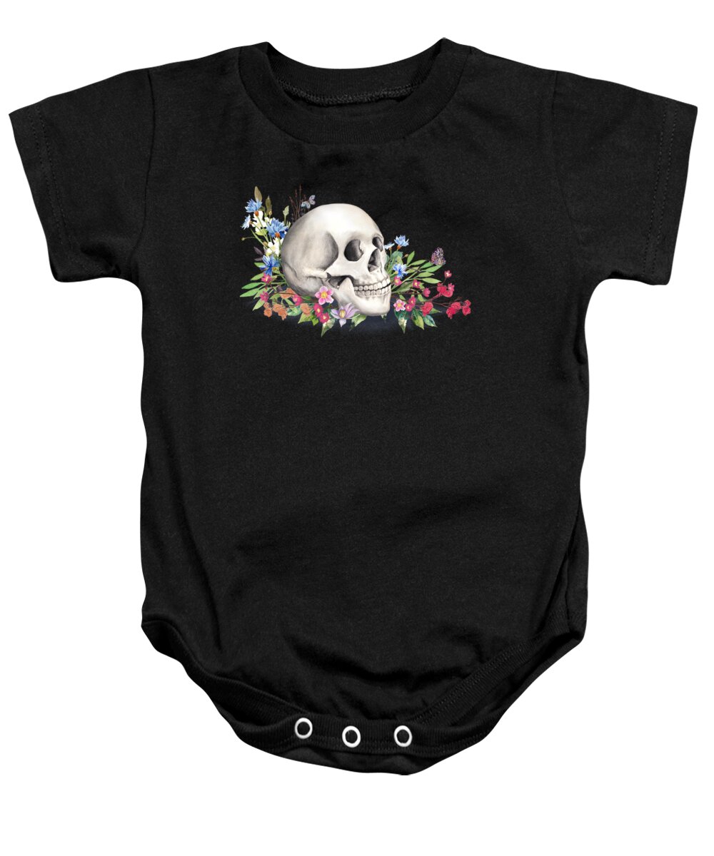 Skull Baby Onesie featuring the painting Still Life With Skull And Wildflowers by Little Bunny Sunshine