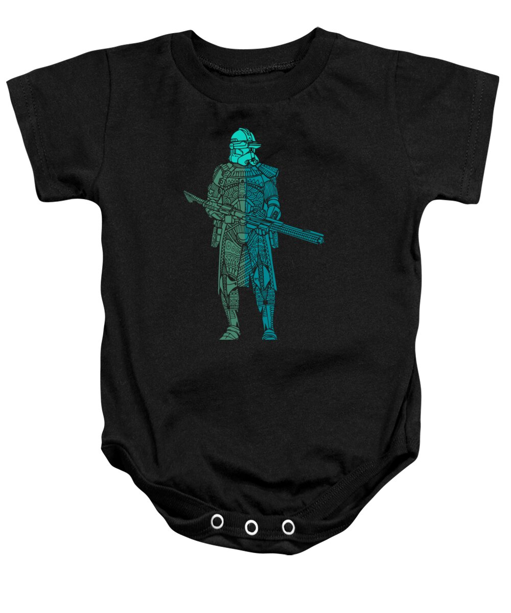 Stormtrooper Baby Onesie featuring the mixed media Stormtrooper Samurai - Star Wars Art - Blue, Navy, Teal by Studio Grafiikka