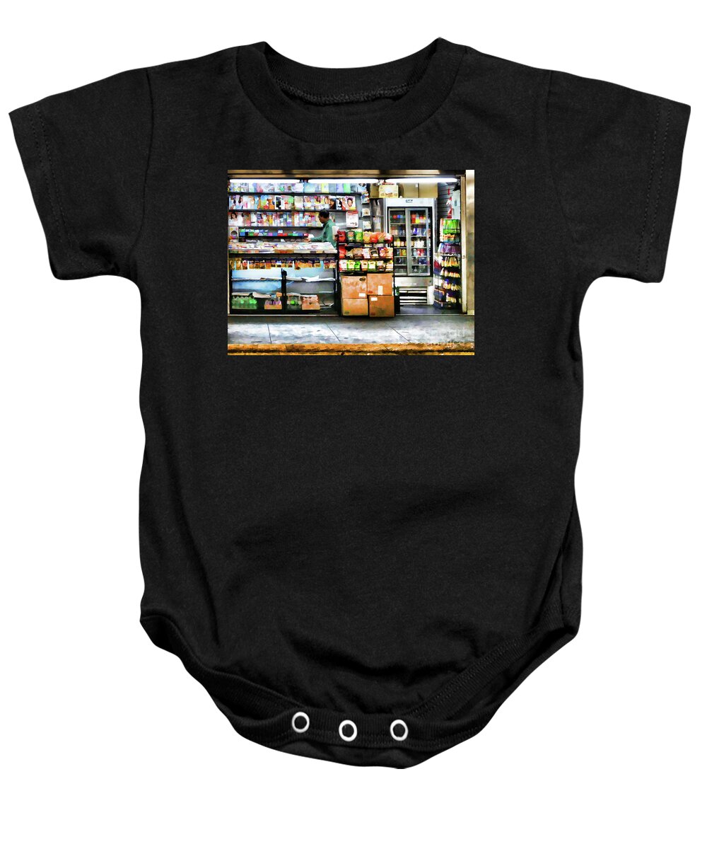Subway-news-stand Baby Onesie featuring the painting Subway News Stand Vendor by Jeelan Clark