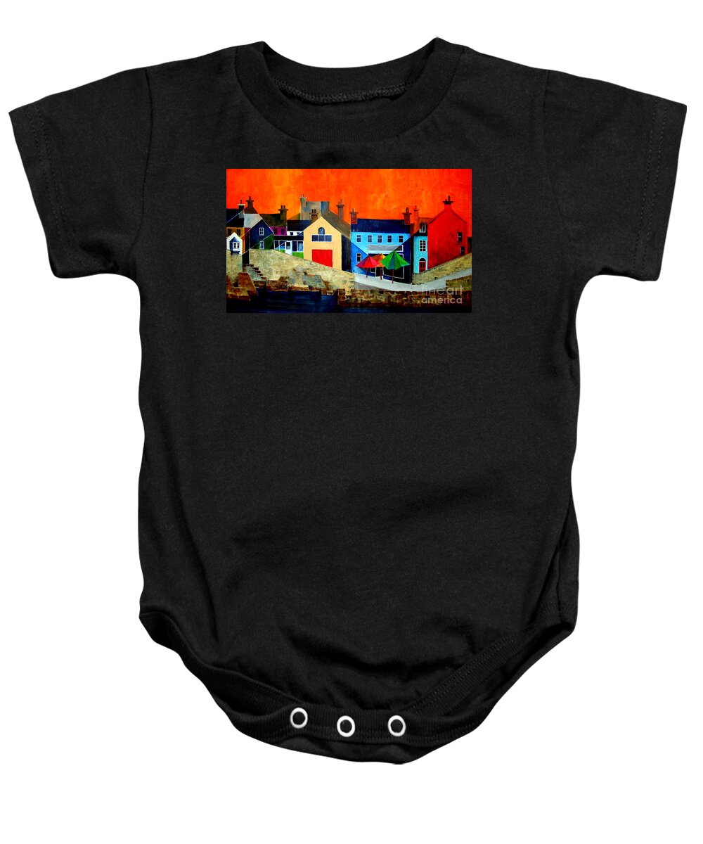 Holiday Baby Onesie featuring the painting The Bulman, Summercove, West Cork by Val Byrne