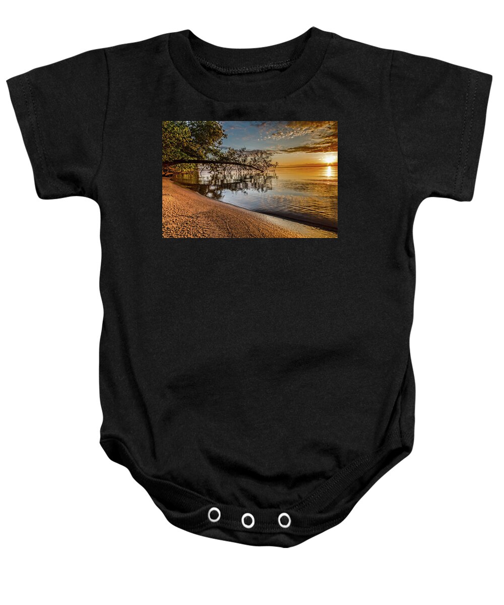 Higgins Lake Baby Onesie featuring the photograph Sunday Sunrise by Joe Holley