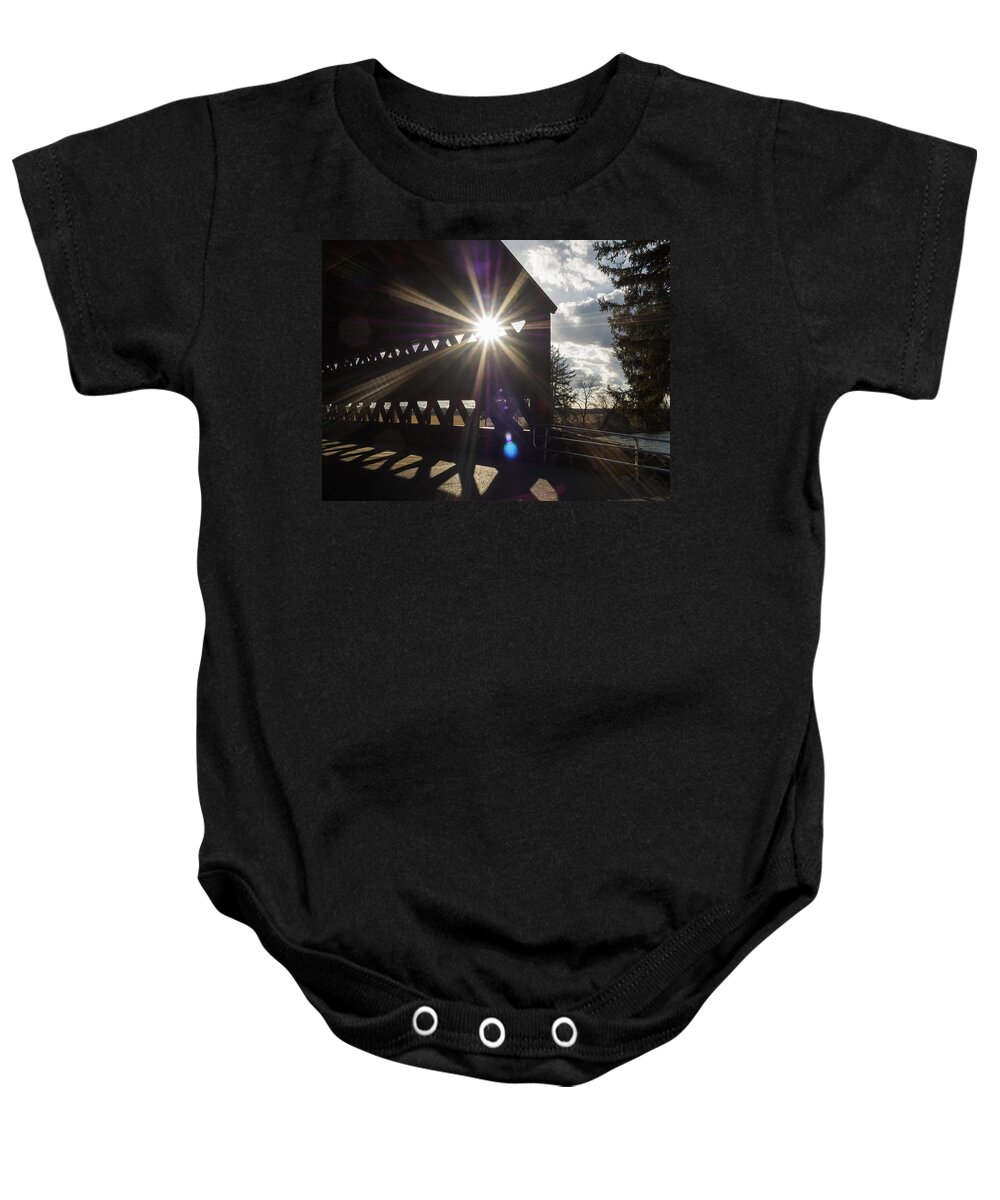 Adams Baby Onesie featuring the photograph Sunlight through Sachs Covered Bridge by Marianne Campolongo