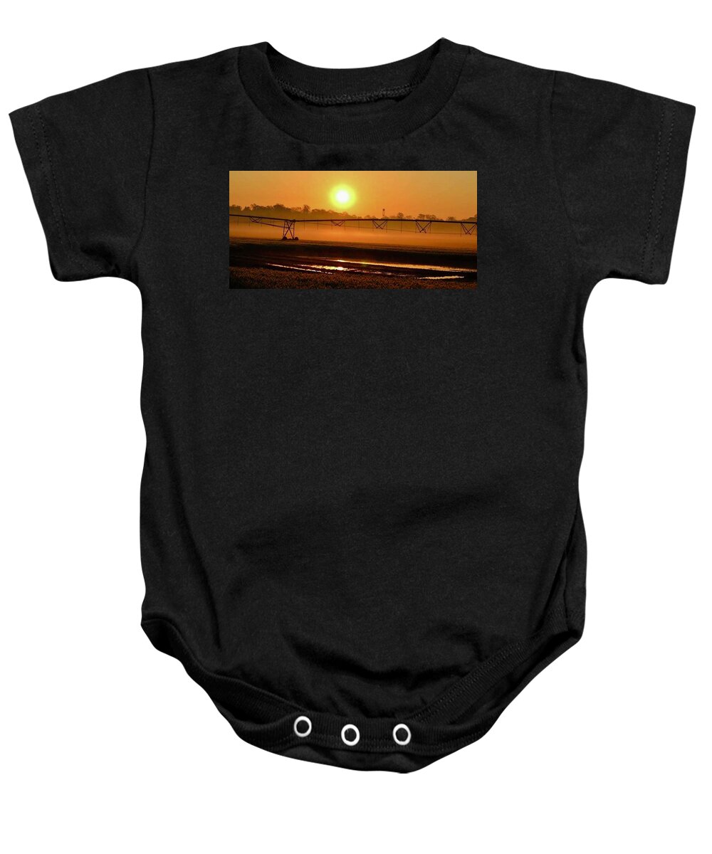 Sunrise Baby Onesie featuring the photograph Sunrise Mist on the Farm by Shawn M Greener
