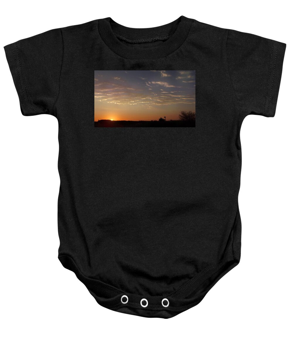 Nature Baby Onesie featuring the mixed media Sunrise with Windmill by Shelli Fitzpatrick